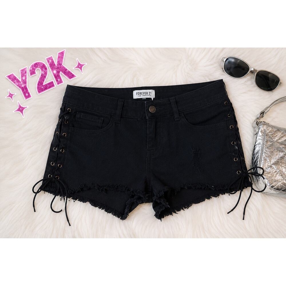 Forever 21 Premium Denim Black Lace-Up Distressed Shorts Size 28 Y2K Style